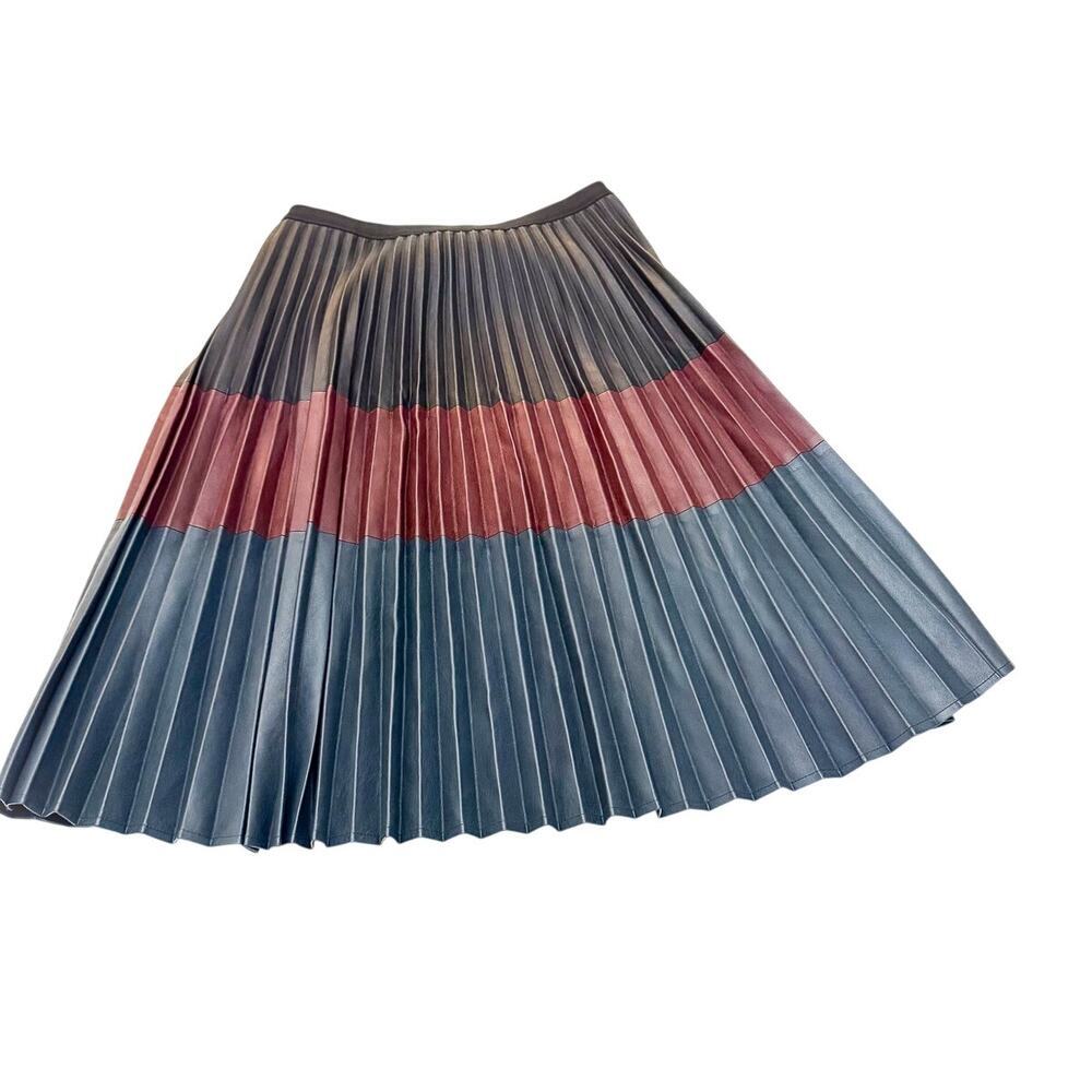 BCBG Maxazria Faux Leather Pleated A-Line Skirt Tri-Color Size Medium